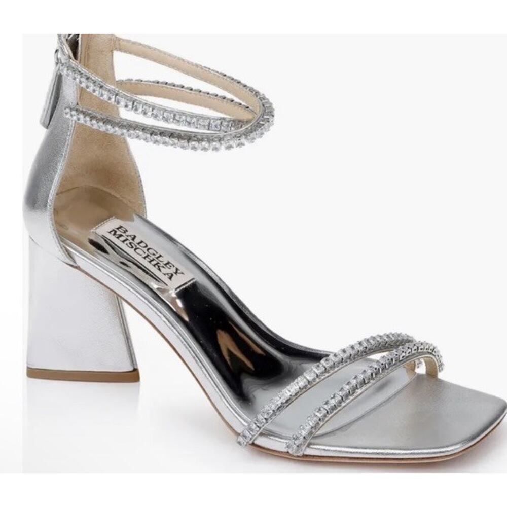 Badgley Mischka Silver Metallic Block Heel Sandals with Rhinestone Straps